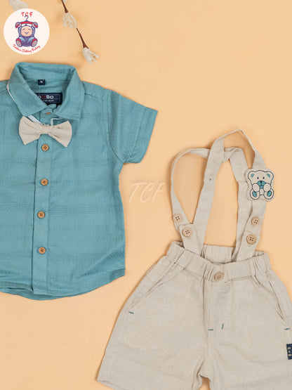 Light Green & Beige - Half Sleeves Shirts & Shorts Set With Suspender & Bow