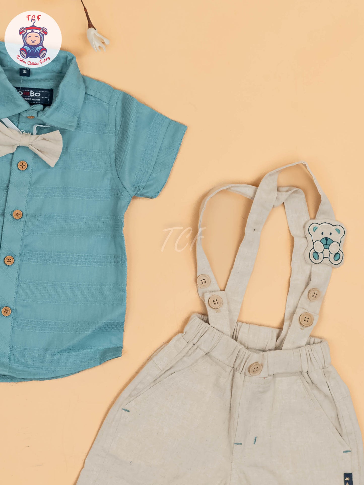 Light Green & Beige - Half Sleeves Shirts & Shorts Set With Suspender & Bow