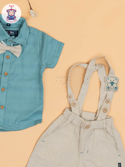 Light Green & Beige - Half Sleeves Shirts & Shorts Set With Suspender & Bow