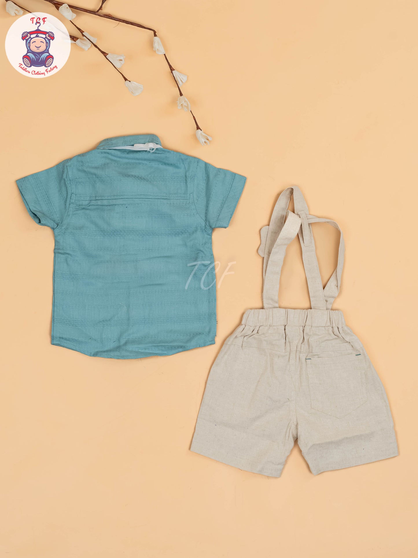 Light Green & Beige - Half Sleeves Shirts & Shorts Set With Suspender & Bow