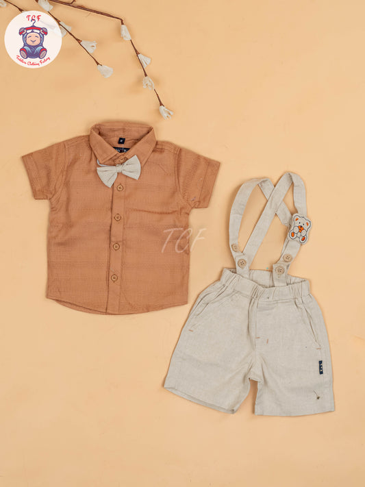 Brown & Beige - Half Sleeves Shirts & Shorts Set With Suspender & Bow