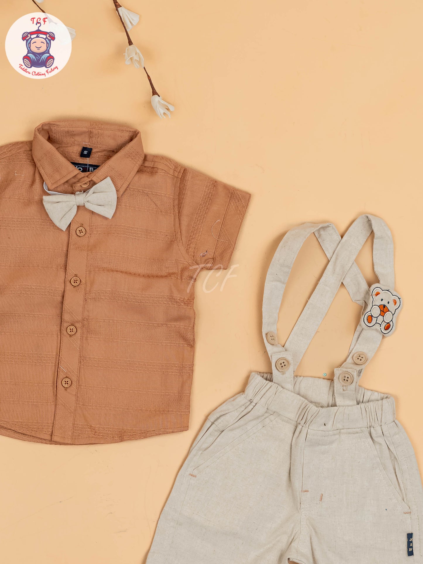 Brown & Beige - Half Sleeves Shirts & Shorts Set With Suspender & Bow