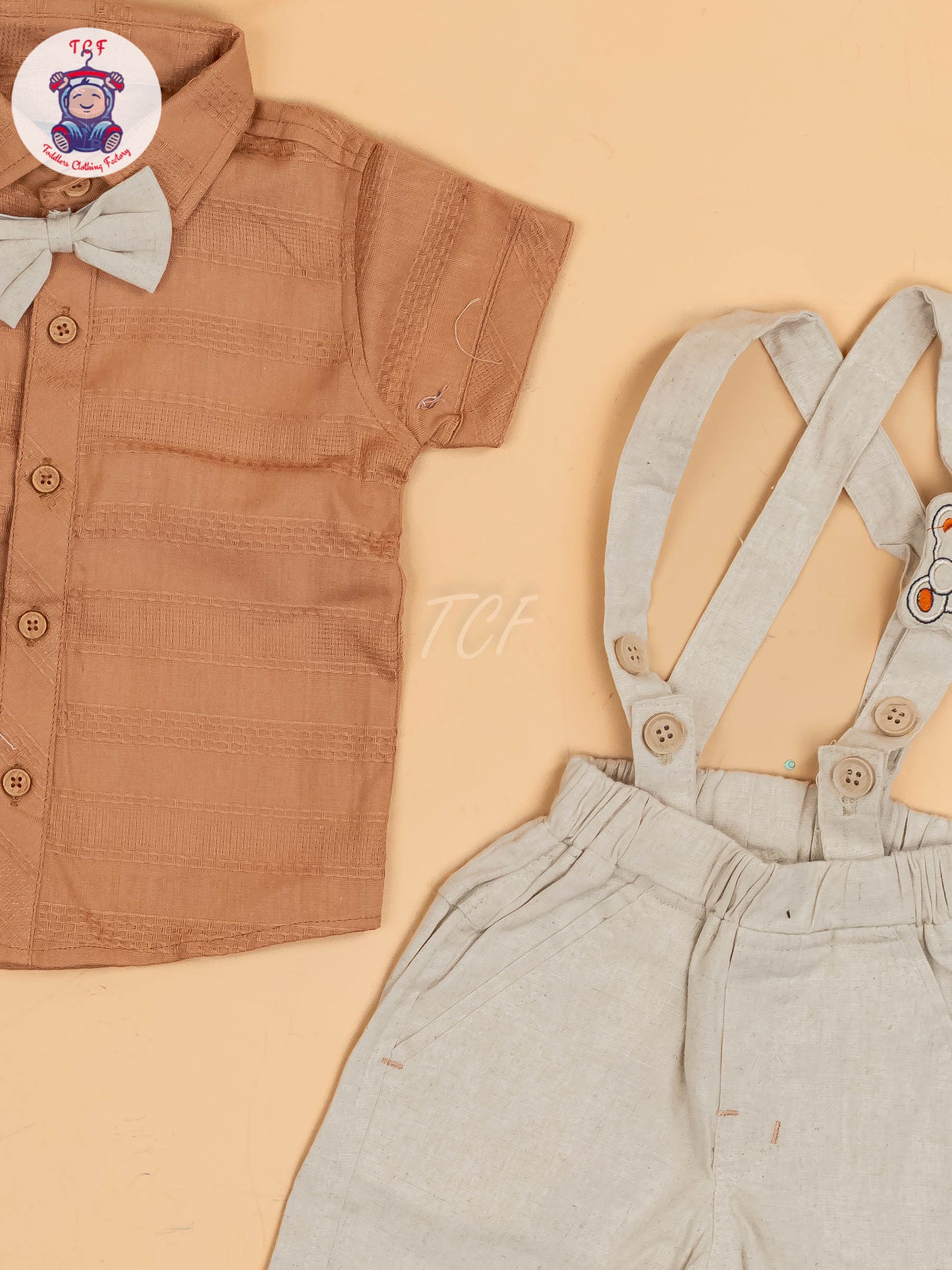 Brown & Beige - Half Sleeves Shirts & Shorts Set With Suspender & Bow