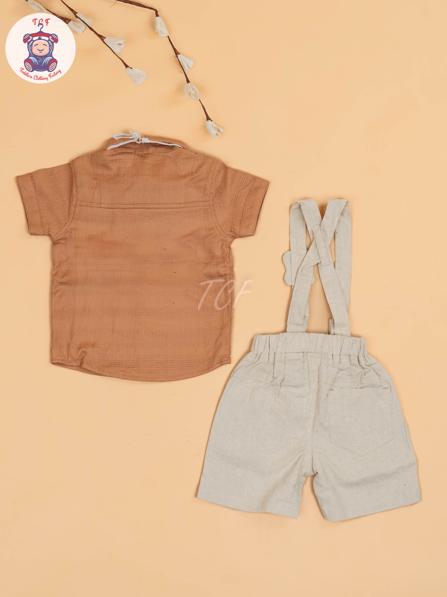 Brown & Beige - Half Sleeves Shirts & Shorts Set With Suspender & Bow