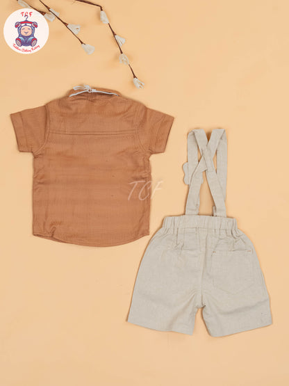 Brown & Beige - Half Sleeves Shirts & Shorts Set With Suspender & Bow