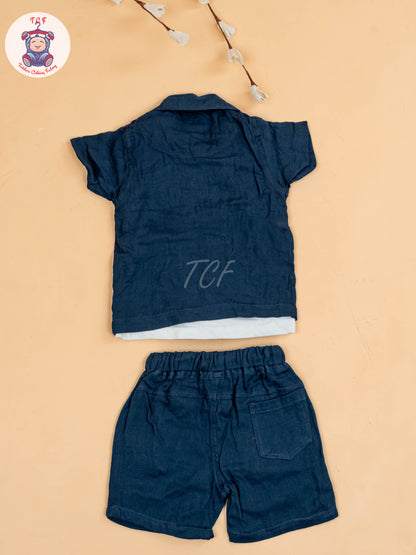 Navy Blue & White - Boys Readymade Cotton Shirts & Shorts