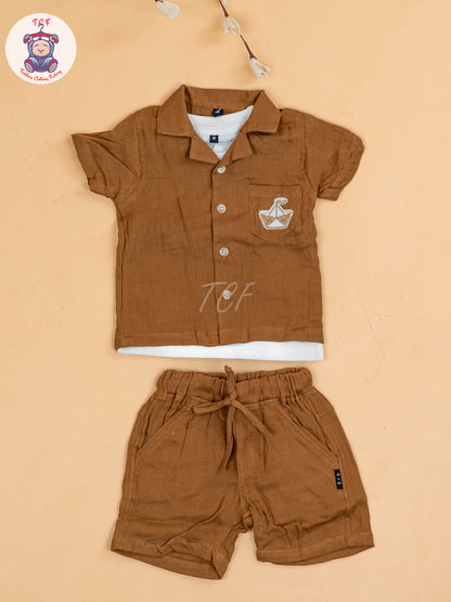 Brown & White - Boys Readymade Cotton Shirts & Shorts