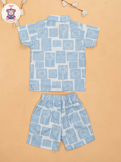 Blue & White - Boys Readymade Cotton Shirts & Shorts