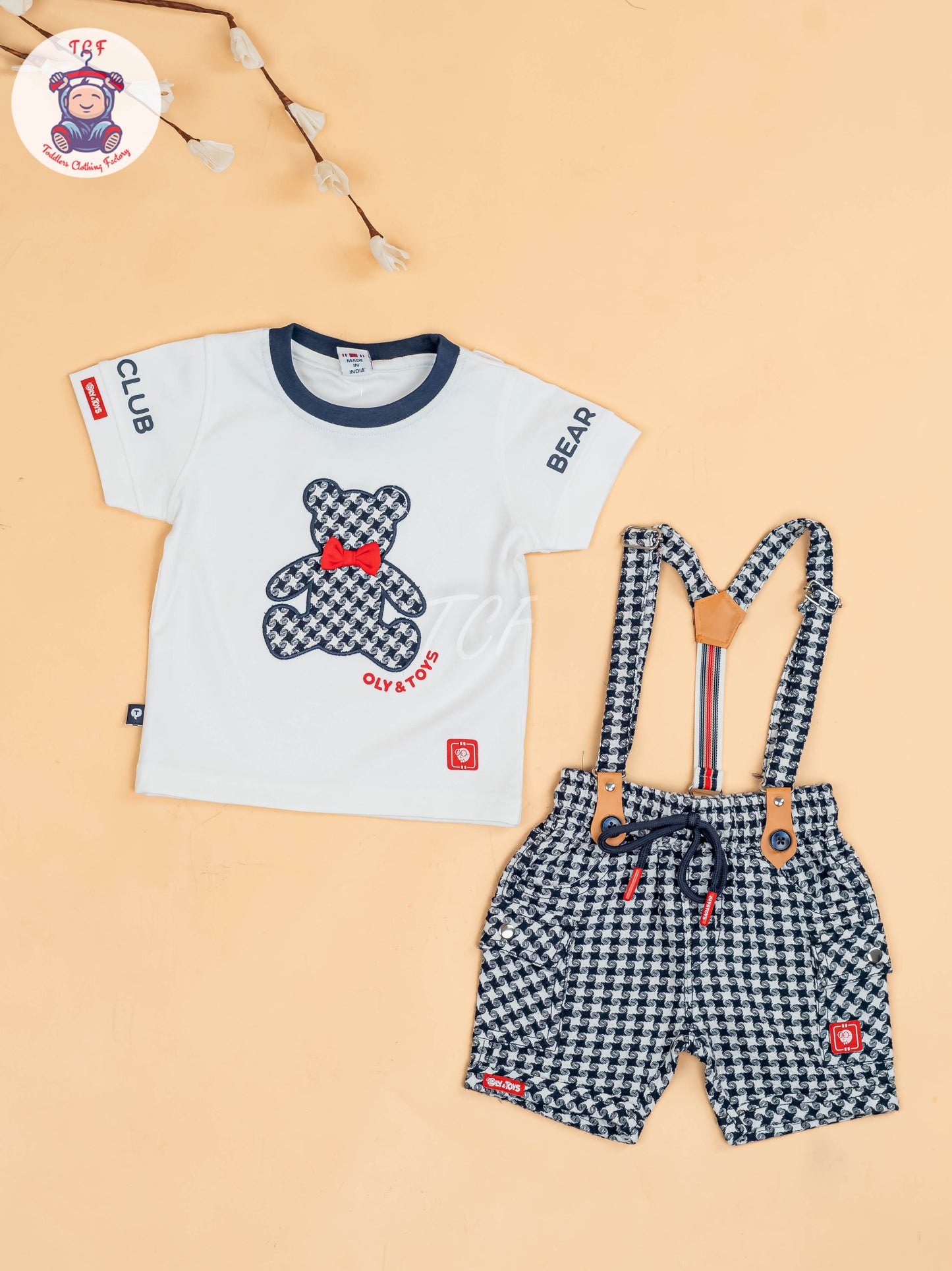White & Navy Blue - Half Sleeves T-Shirts & Shorts Set With Suspender
