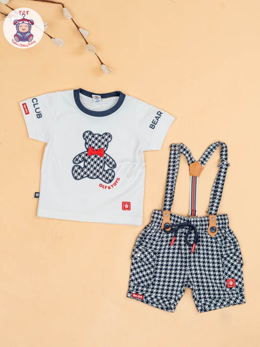 White & Navy Blue - Half Sleeves T-Shirts & Shorts Set With Suspender