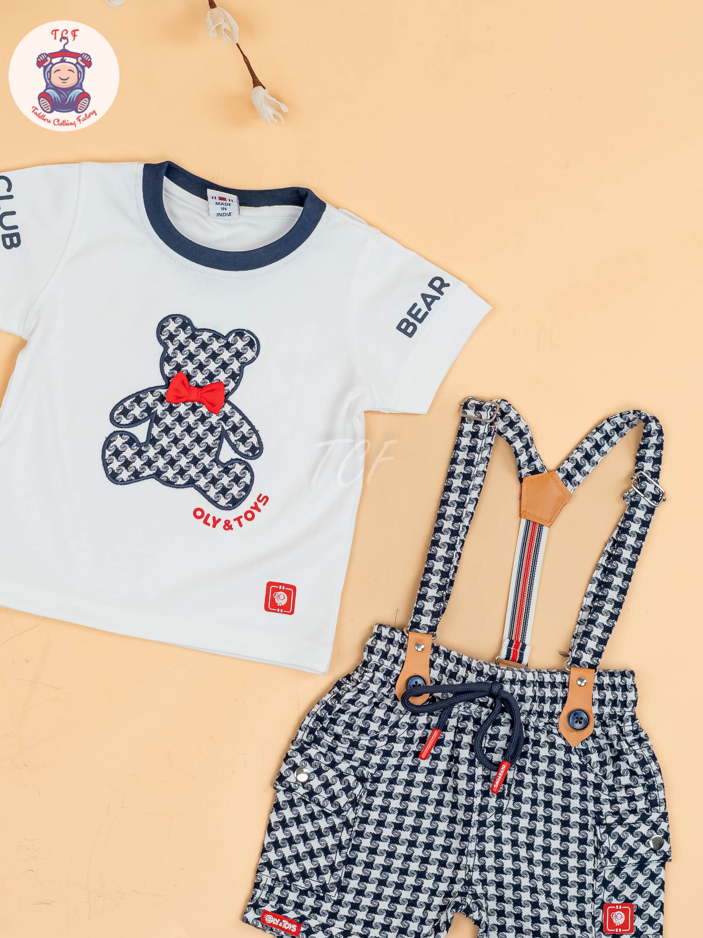White & Navy Blue - Half Sleeves T-Shirts & Shorts Set With Suspender