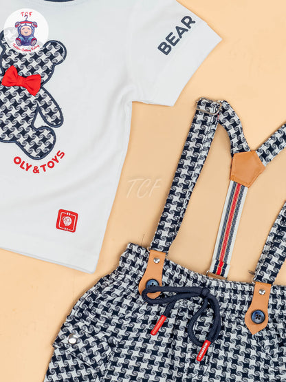 White & Navy Blue - Half Sleeves T-Shirts & Shorts Set With Suspender