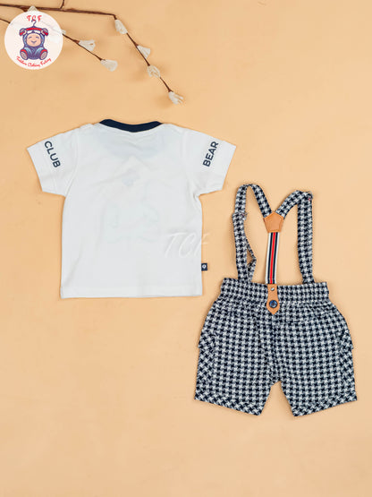 White & Navy Blue - Half Sleeves T-Shirts & Shorts Set With Suspender