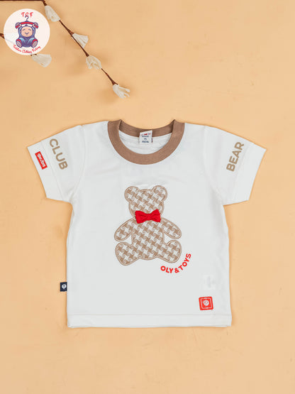 White & Brown - Half Sleeves T-Shirts & Shorts Set With Suspender