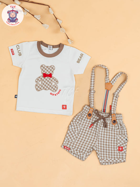 White & Brown - Half Sleeves T-Shirts & Shorts Set With Suspender