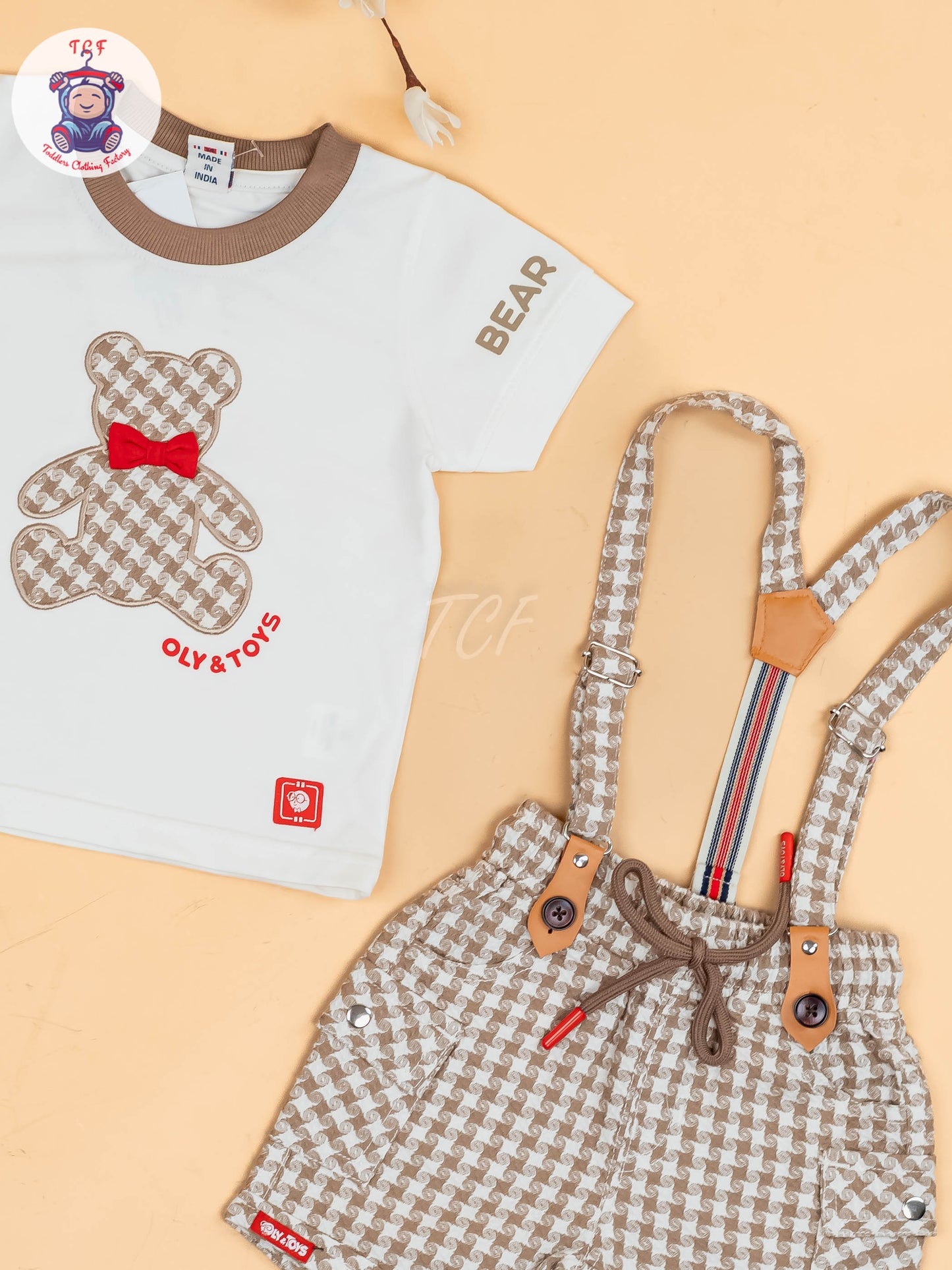 White & Brown - Half Sleeves T-Shirts & Shorts Set With Suspender