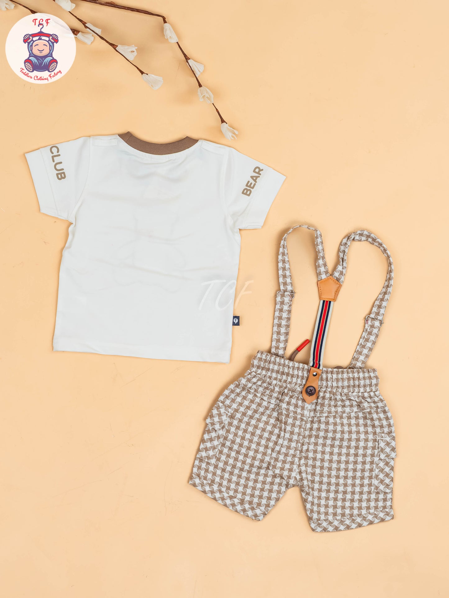 White & Brown - Half Sleeves T-Shirts & Shorts Set With Suspender