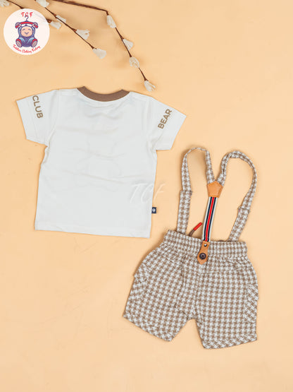 White & Brown - Half Sleeves T-Shirts & Shorts Set With Suspender