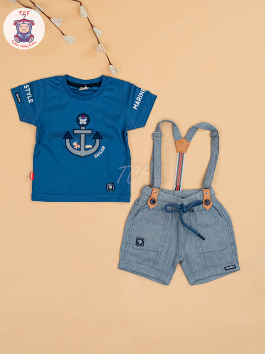 Blue & Grey - Half Sleeves T-Shirts & Shorts Set With Suspender