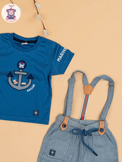 Blue & Grey - Half Sleeves T-Shirts & Shorts Set With Suspender