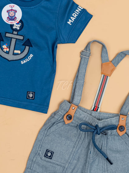 Blue & Grey - Half Sleeves T-Shirts & Shorts Set With Suspender