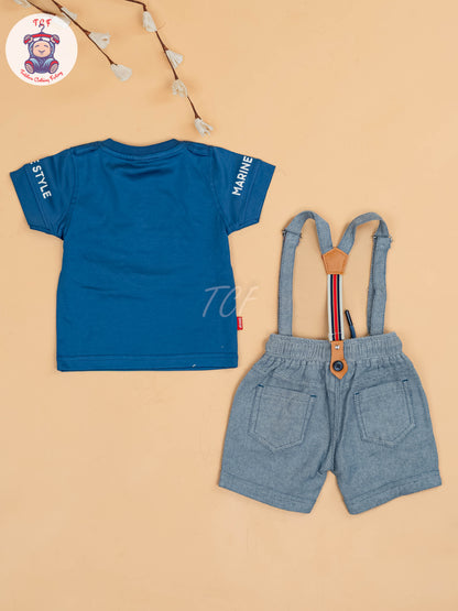 Blue & Grey - Half Sleeves T-Shirts & Shorts Set With Suspender