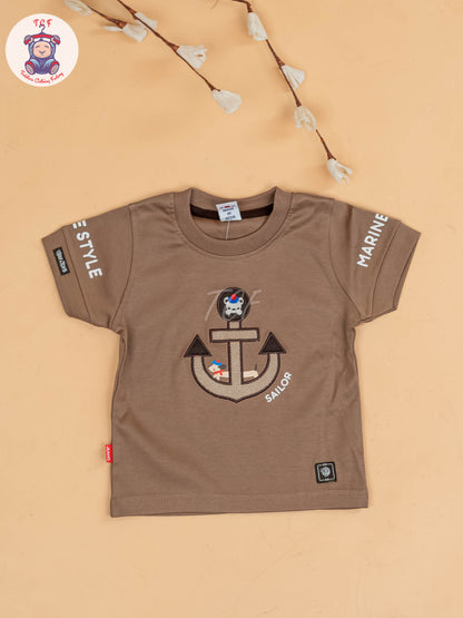 Brown & Grey - Half Sleeves T-Shirts & Shorts Set With Suspender