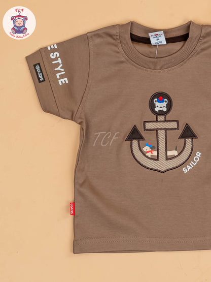 Brown & Grey - Half Sleeves T-Shirts & Shorts Set With Suspender