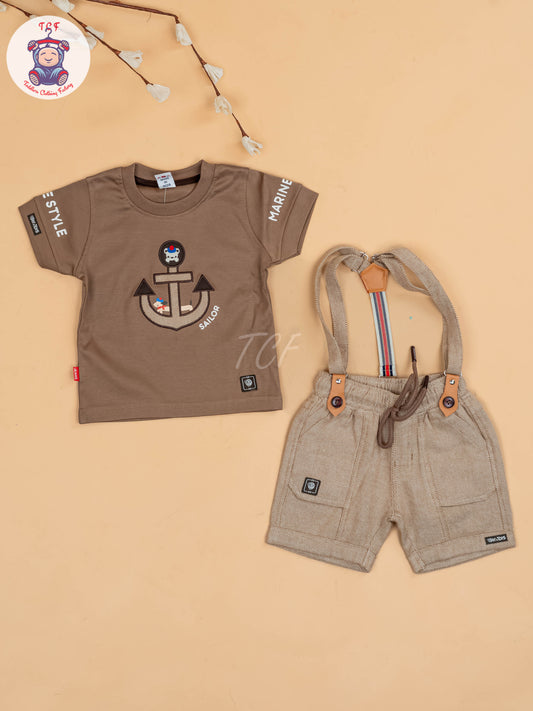 Brown & Grey - Half Sleeves T-Shirts & Shorts Set With Suspender