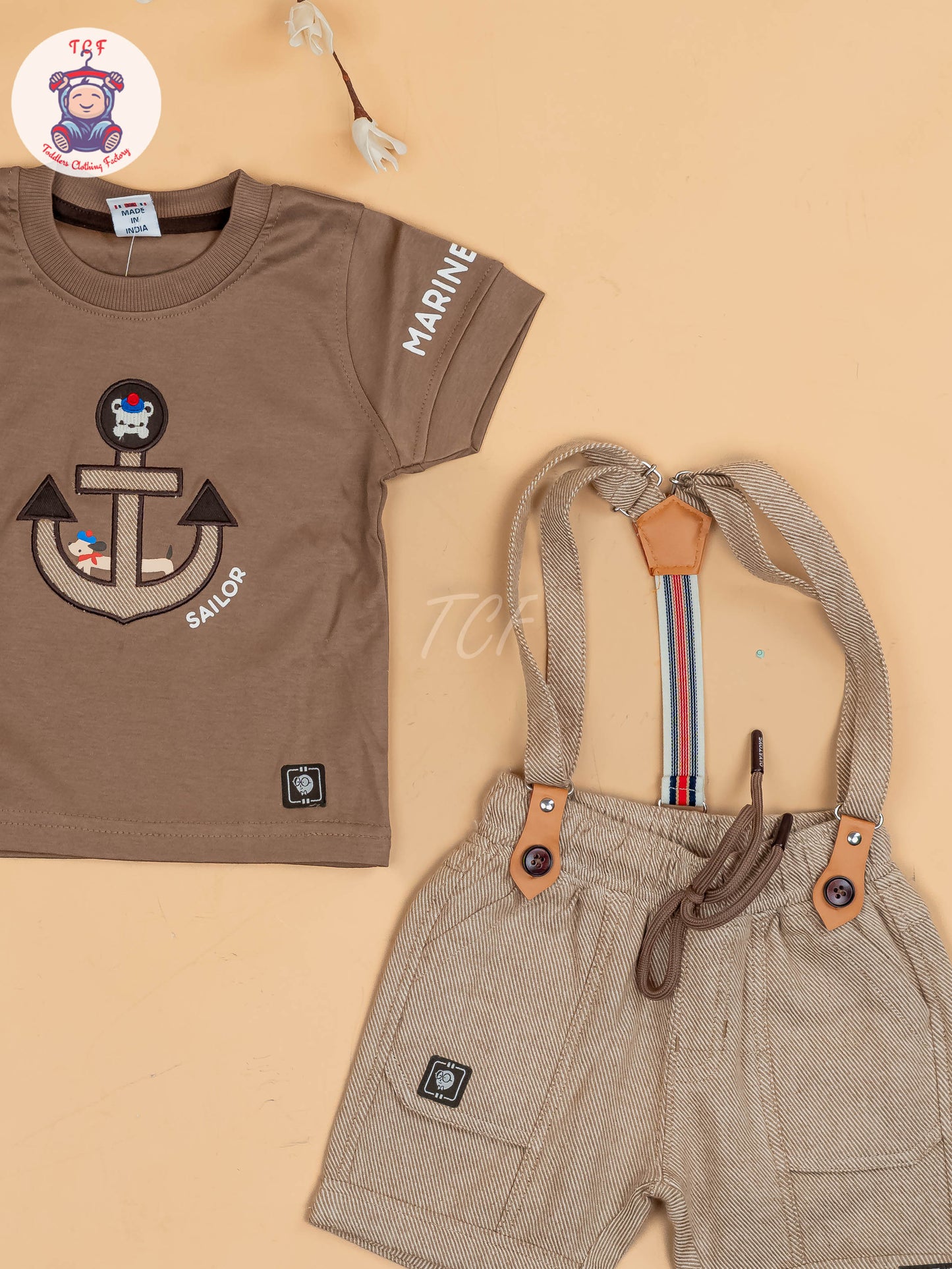 Brown & Grey - Half Sleeves T-Shirts & Shorts Set With Suspender