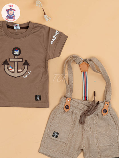 Brown & Grey - Half Sleeves T-Shirts & Shorts Set With Suspender