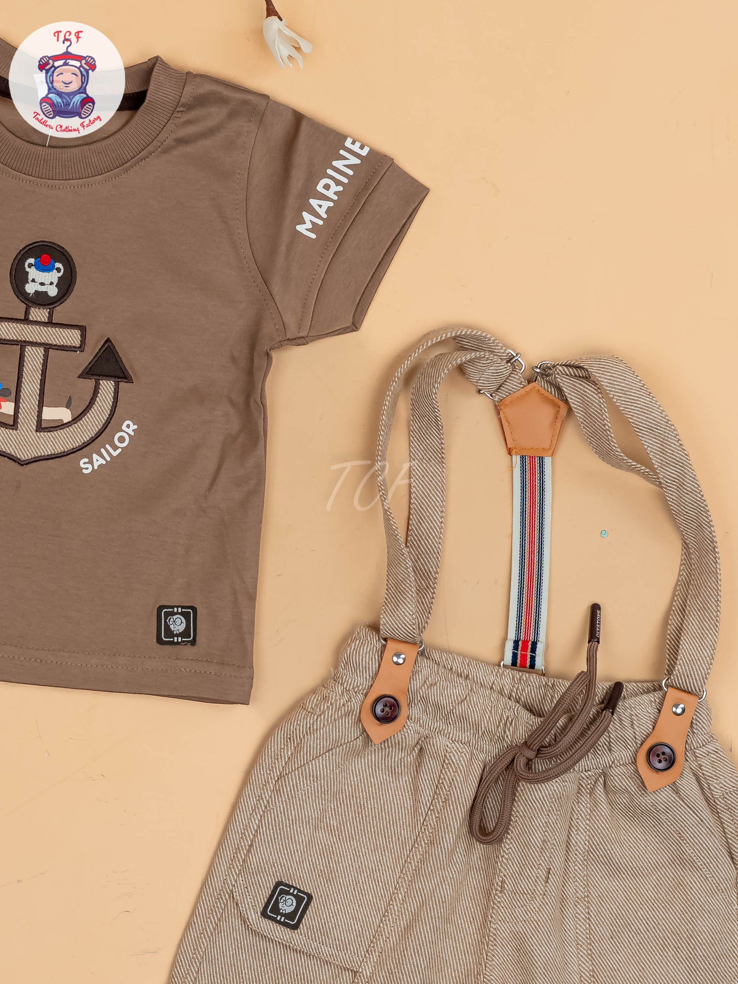 Brown & Grey - Half Sleeves T-Shirts & Shorts Set With Suspender