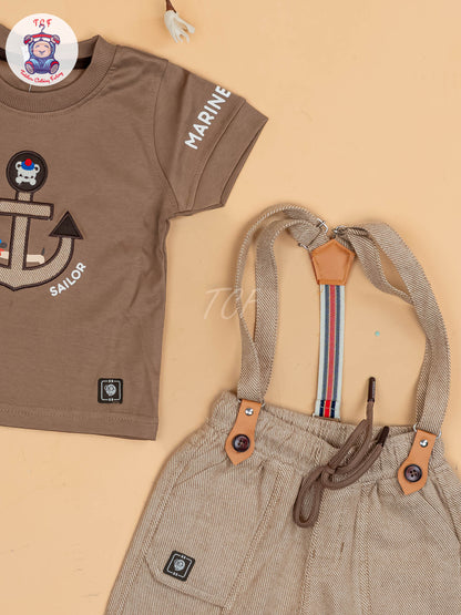Brown & Grey - Half Sleeves T-Shirts & Shorts Set With Suspender