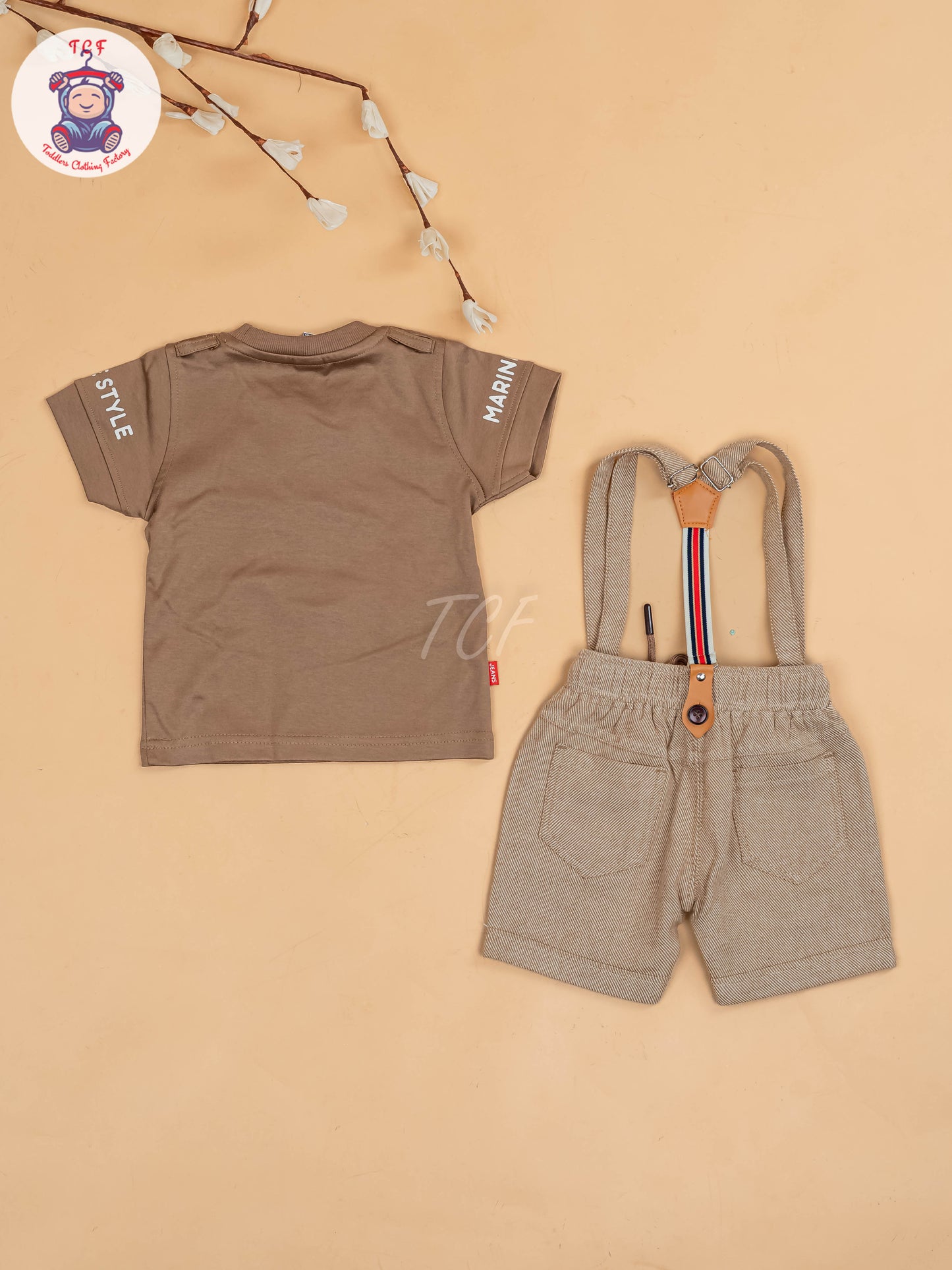 Brown & Grey - Half Sleeves T-Shirts & Shorts Set With Suspender
