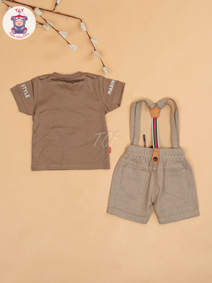 Brown & Grey - Half Sleeves T-Shirts & Shorts Set With Suspender
