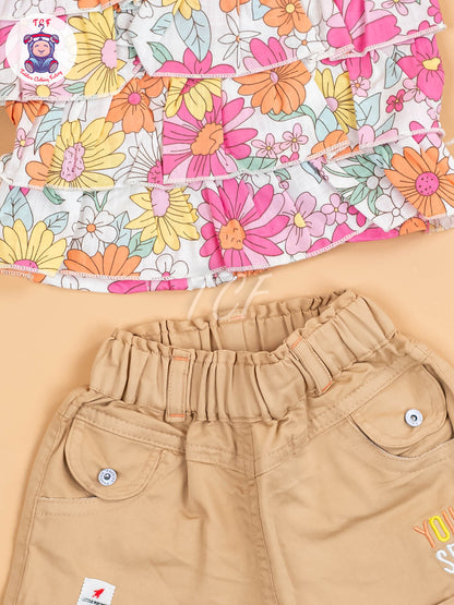Pink & Orange Floral Printed - Girls Co-ords Sets