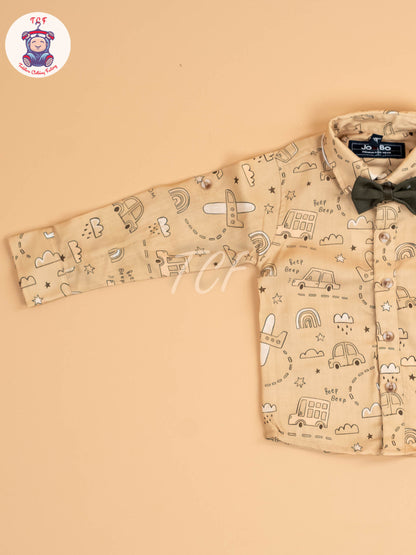 Beige & Brown - Full Sleeves Shirts & Pants Set With Suspender & Bow