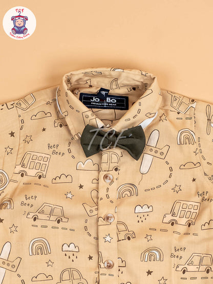 Beige & Brown - Full Sleeves Shirts & Pants Set With Suspender & Bow