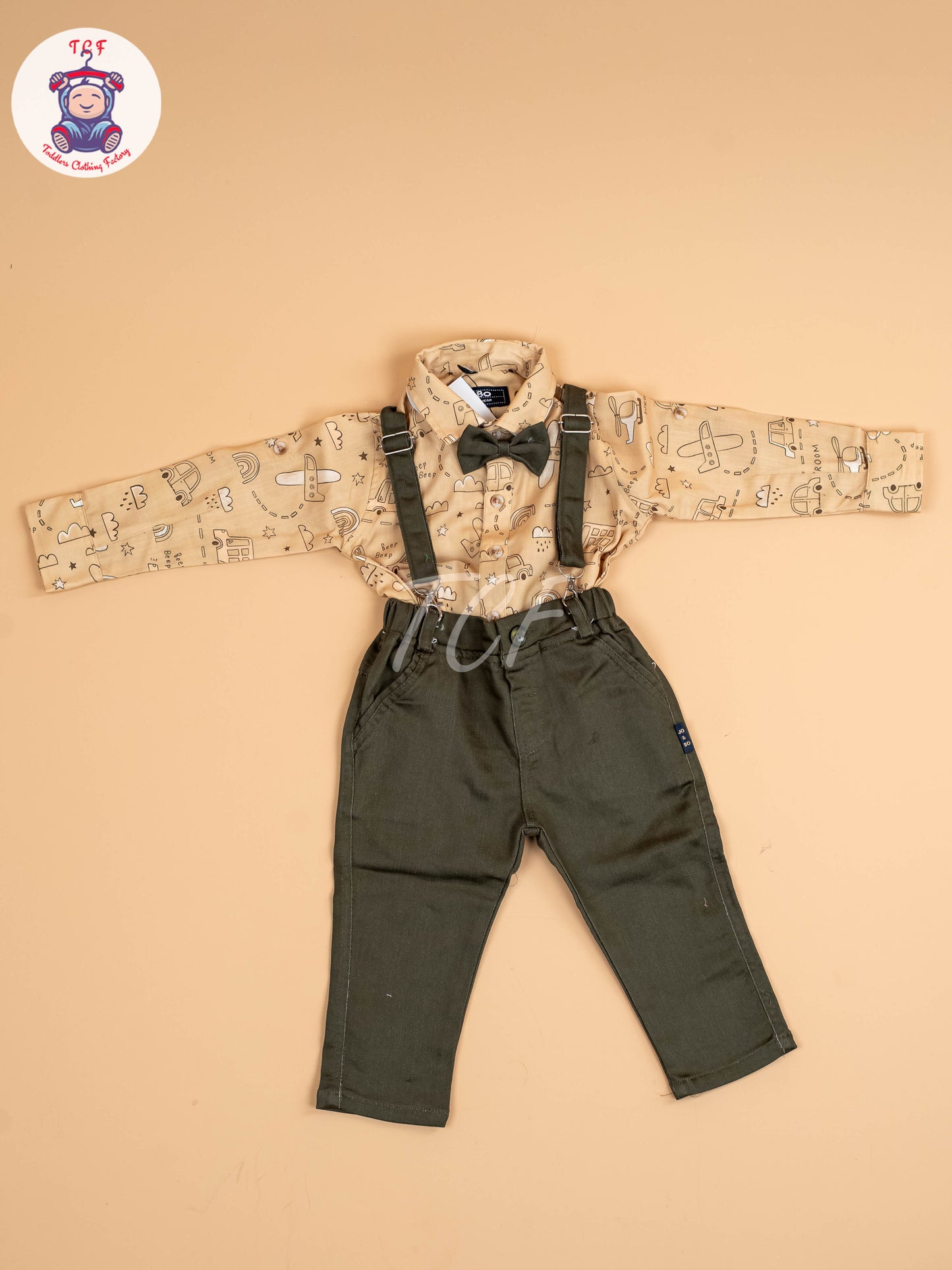 Beige & Brown - Full Sleeves Shirts & Pants Set With Suspender & Bow