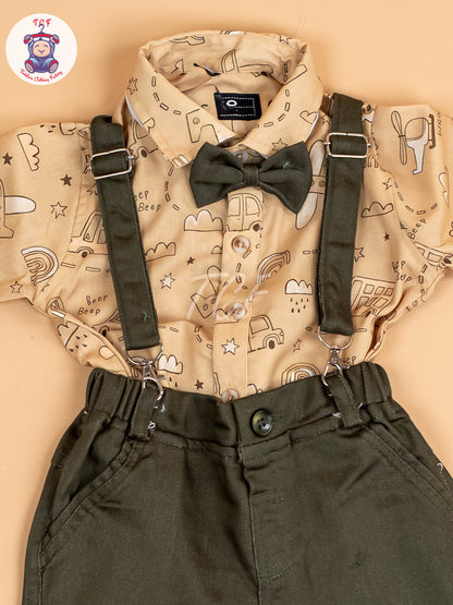 Beige & Brown - Full Sleeves Shirts & Pants Set With Suspender & Bow