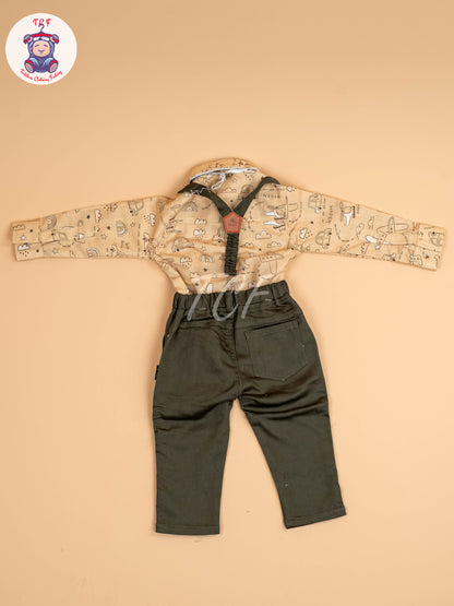 Beige & Brown - Full Sleeves Shirts & Pants Set With Suspender & Bow