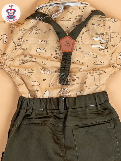 Beige & Brown - Full Sleeves Shirts & Pants Set With Suspender & Bow