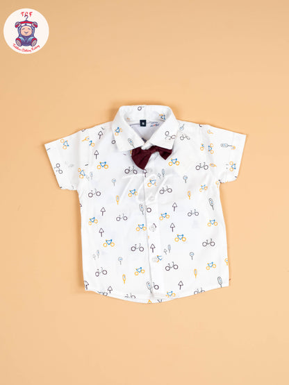 White & Brown Half Sleeves Shirts & Shorts Set With Suspender & Bow