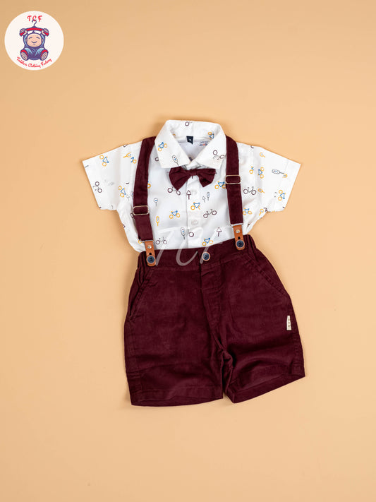 White & Brown Half Sleeves Shirts & Shorts Set With Suspender & Bow