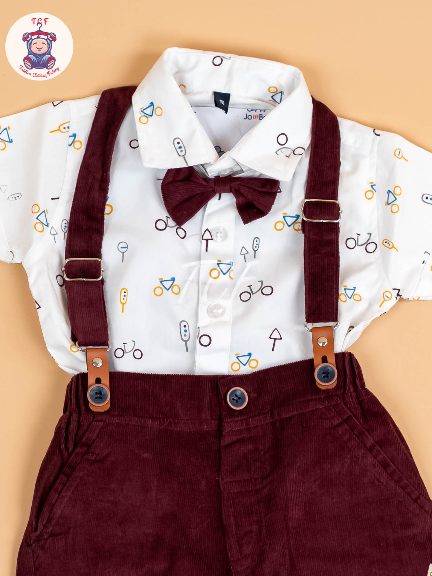 White & Brown Half Sleeves Shirts & Shorts Set With Suspender & Bow