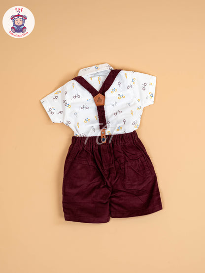White & Brown Half Sleeves Shirts & Shorts Set With Suspender & Bow