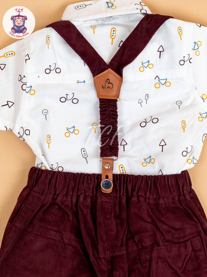 White & Brown Half Sleeves Shirts & Shorts Set With Suspender & Bow