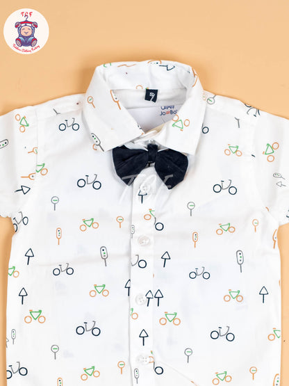 White & Brown Half Sleeves Shirts & Shorts Set With Suspender & Bow