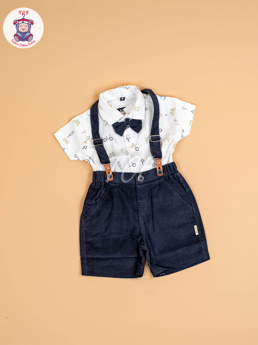 White & Brown Half Sleeves Shirts & Shorts Set With Suspender & Bow