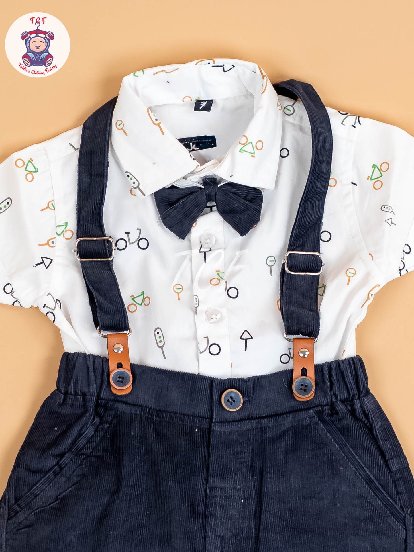 White & Brown Half Sleeves Shirts & Shorts Set With Suspender & Bow